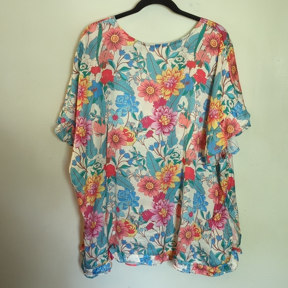 Umgee Floral Blouse with Ruffle Sleeves Colorful V-Neck Retro Women's Size 2XL - Picture 2 of 5